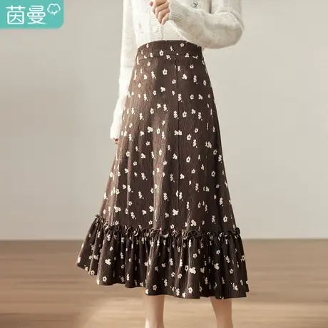 茵曼2023冬女装新款田园复古撞色印花压褶设计宽松半身裙A字裙图片