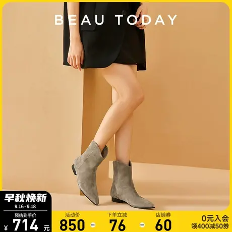 BeauToday平底绒面短靴女尖头秋冬季切尔西靴女真皮复古西部靴子图片