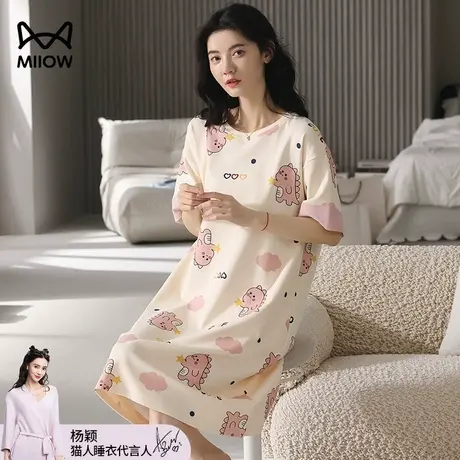 猫人纯棉睡裙女款夏天2023新款夏季全棉家居服短袖大码可爱睡衣裙图片
