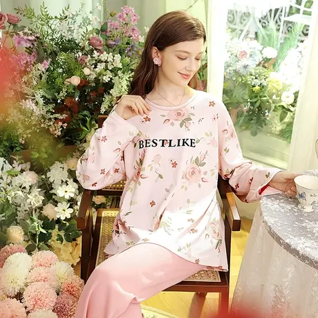 润微睡衣女春秋纯棉长袖长裤印花可爱舒适宽松可外穿家居服套装图片