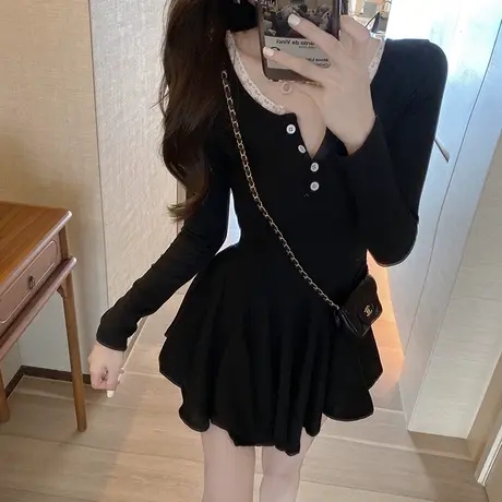 小个子纯欲御姐风内搭长袖茶歇性感连衣裙网红夜店气质辣妹百褶裙图片