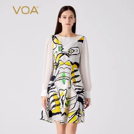 VOA30姆米重磅桑蚕丝印花圆领衬衫袖宽松腰飘带装饰真丝连衣裙图片