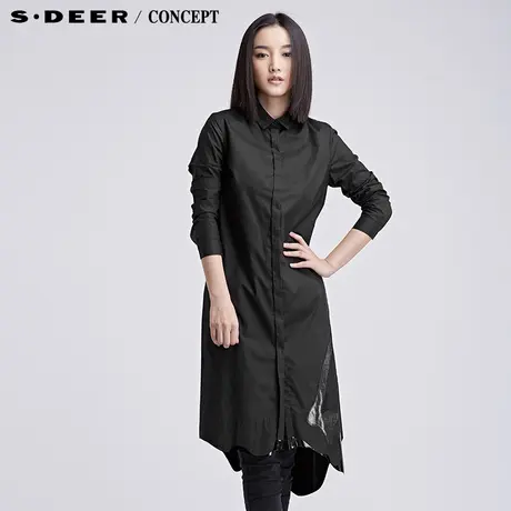 s.deer 圣迪奥酷感纯黑仿皮拼接长袖衬衫S16480512图片