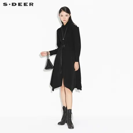 sdeer圣迪奥秋季翻领露肩收腰不规则长袖连衣裙S21361202图片