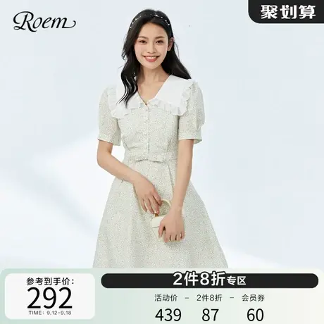 Roem春夏新品浪漫清新印花泡泡袖娃娃领收腰公主甜美短袖连衣裙图片