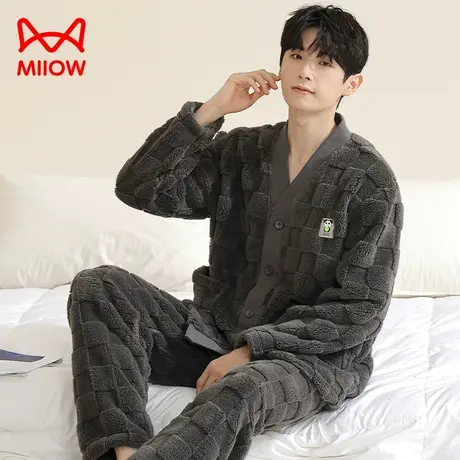 猫人睡衣男士珊瑚绒套装秋冬季新款加绒加厚法兰绒保暖家居服开衫图片