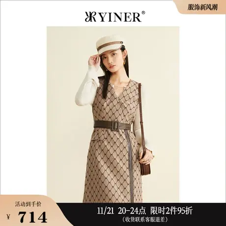 YINER音儿女装秋季小众设计a字裙网格刺绣无袖连衣裙图片