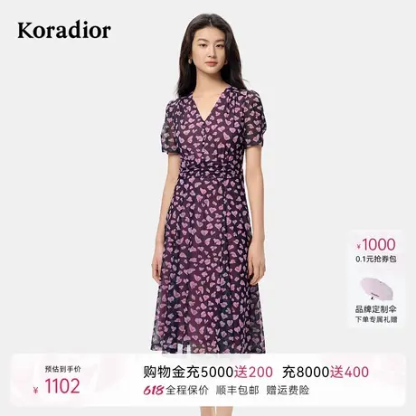 珂莱蒂尔2025年秋季新款优雅气质碎花茶歇裙女短袖V领淑女连衣裙图片