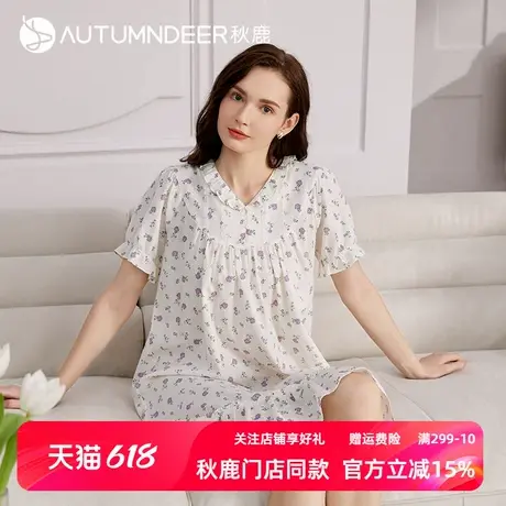 秋鹿简约碎花裙女夏款圆领短袖纯棉女士睡裙梭织棉连衣裙印花中裙图片