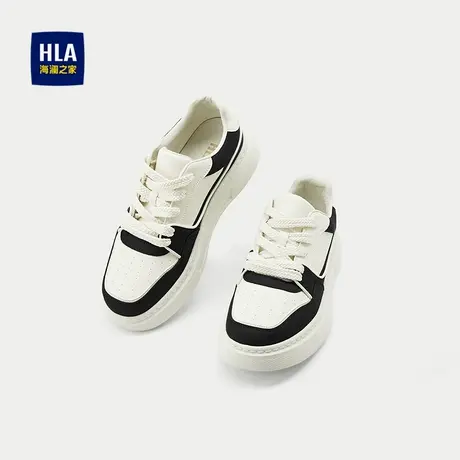 HLA/海澜之家抽绳系带休闲鞋25新轻便透气时尚黑色镶拼运动板鞋男图片
