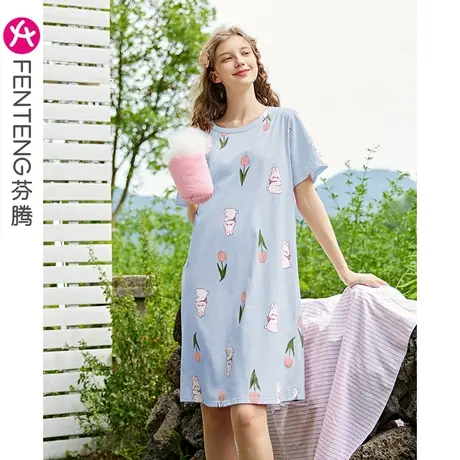 芬腾纯棉睡裙女夏季短袖卡通兔子甜美韩版少女全棉休闲家居服睡衣图片