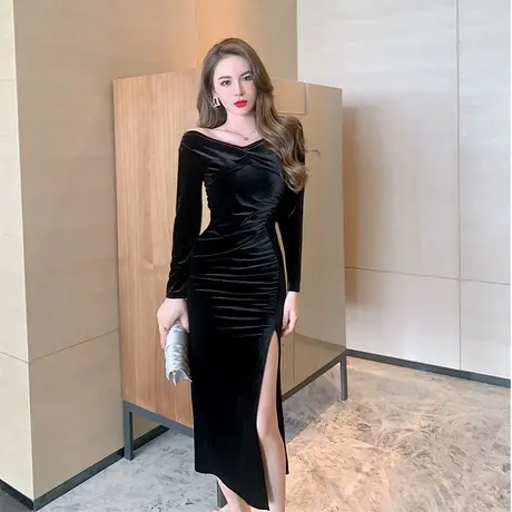 长裙女御姐轻熟风一字肩修身开叉包臀裙子性感气质显瘦丝绒连衣裙图片