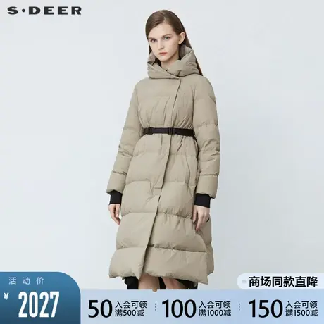 sdeer圣迪奥2021冬季新品高领连帽收腰罗纹长款羽绒服女S21482468商品大图