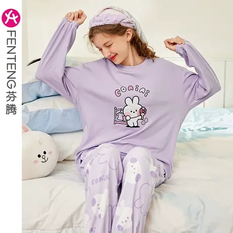 芬腾布朗熊睡衣女春秋季纯棉长袖休闲宽松卡通可爱大码家居服套装图片