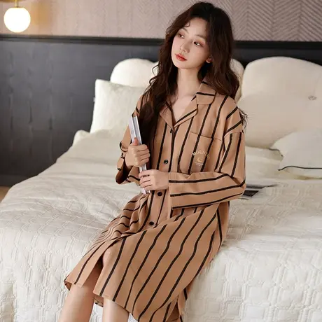 婷美新款睡裙女士纯棉春秋时尚长袖开衫翻领可外穿春天睡衣家居服图片