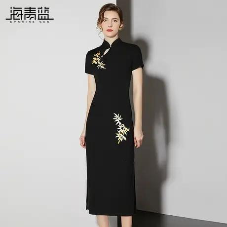 海青蓝 裙子2025新款女夏高级黑色气质时尚改良旗袍中式连衣裙图片