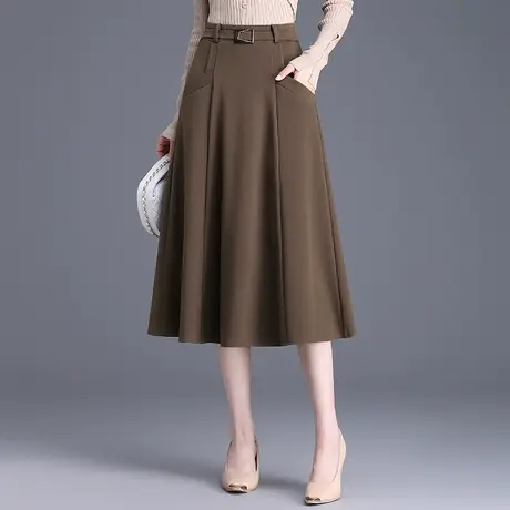 咖色A字半身裙女2023秋季新款高腰显瘦大摆裙后松紧腰中长款伞裙图片