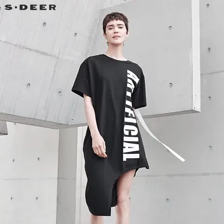 sdeer圣迪奥夏装圆领字母印花原创不规则大码潮长款T恤S19280154商品大图