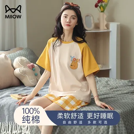 猫人睡衣女夏季纯棉短袖短裤套装夏薄款休闲卡通少女可外穿家居服商品大图