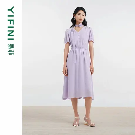 [专柜同款]Yifini/易菲法式优雅100%真丝桑蚕丝V领收腰短袖连衣裙图片