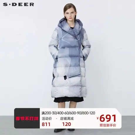 sdeer圣迪奥女装休闲连帽撞色晕染宽松长款羽绒服S21482480图片