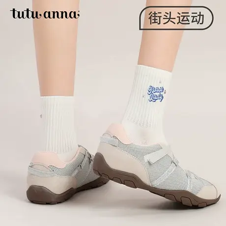 tutuanna春夏女士短袜 纯色花朵字母刺绣棉质透气女士中筒袜子图片