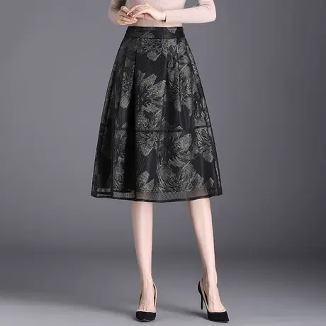 提花半身裙女a字裙中长款2023春秋新款高腰网纱裙印花裙灯笼裙子图片