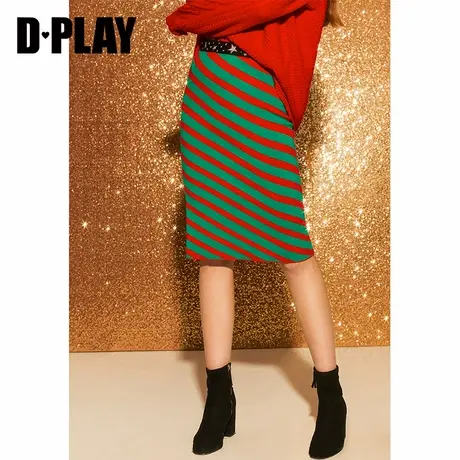 DPLAY德帕拉冬季新品圣诞定制款红绿撞色高腰修身针织包臀裙图片