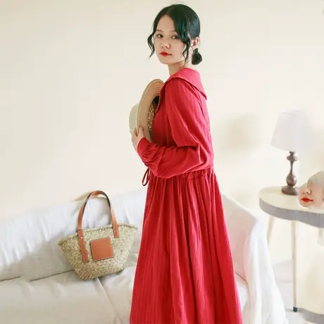 【买一送一】秋新品棉质娃娃领减龄连衣裙大码复古收腰显瘦长裙图片