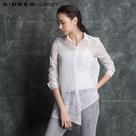 sdeer圣迪奥2018秋现代科技感网格斜摆雪纺衬衫S16180567图片
