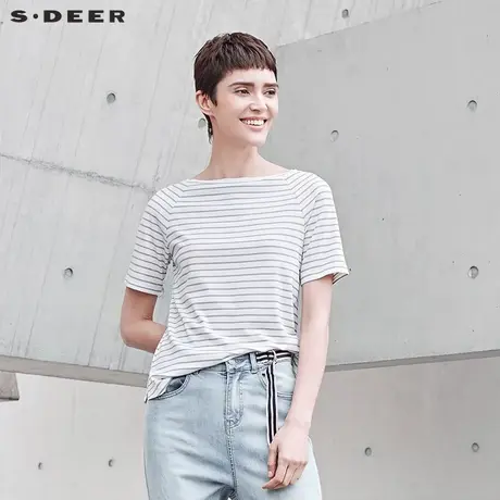sdeer圣迪奥夏装圆领黑白条纹弧形下摆短袖基础T恤S19280110商品大图