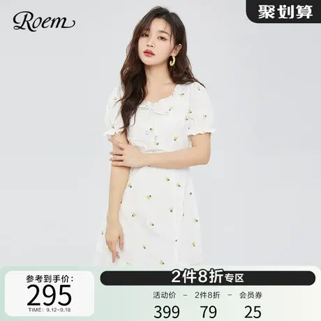 Roem商场同款新品法式方领设计木耳边荷花边裙摆甜美蝴蝶结连衣裙图片