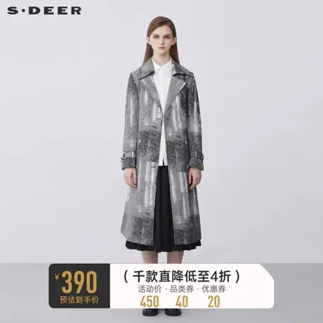 sdeer圣迪奥女装春秋装翻领双排扣收腰印花长款风衣女S21381823图片
