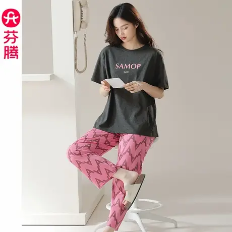 芬腾女新款睡衣夏季纯棉短袖圆领套装休闲宽松大码抗菌防螨家居服图片