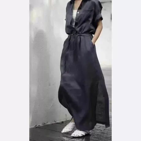 纯诗曼新款棉麻衬衫连衣裙女韩版抽绳设计时尚感薄款直筒开叉长裙图片