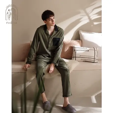 妮狄娅睡衣男士春秋季纯棉长袖翻领开衫时尚暗条纹家居服套装图片