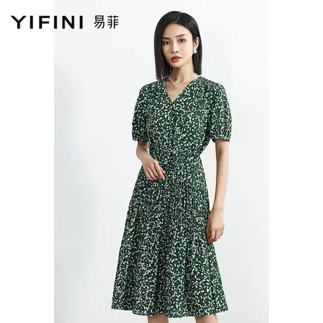 Yifini/易菲清新绿色小碎花V领短袖连衣裙女2023夏季新款优雅气质图片
