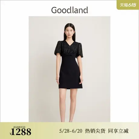 【醋酸系列】Goodland美地夏季小黑裙拼接珠片连衣裙图片
