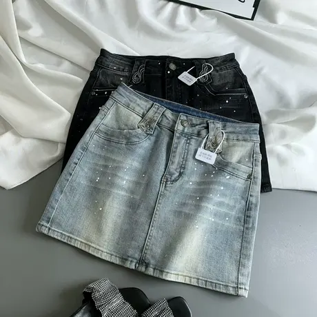圆点喷漆设计高腰牛仔短裙女美式辣妹弹力修身包臀裙A字裙半身裙图片