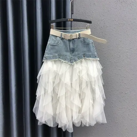 网纱拼接时尚中长款牛仔包臀裙女2025春季新款浅蓝高腰显瘦半身裙图片