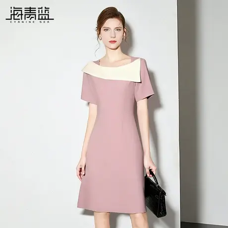 海青蓝方领连衣裙女2025新款夏季女装时尚撞色拼接中长款a字裙子图片