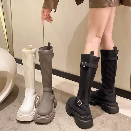 不过膝长筒靴女2023新款秋季弹力袜瘦瘦靴小个子厚底高筒骑士靴子图片