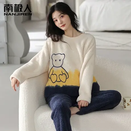 南极人睡衣女冬季珊瑚绒加绒加厚2023新款长袖法兰绒家居服套装图片
