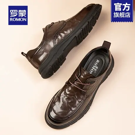 罗蒙棕色皮鞋男士正装商务秋季真皮软底德比鞋高级感圆头手抓纹RM图片