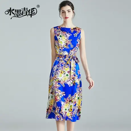 【1件7.9折】夏季新品时尚百搭背心裙系带修身真丝印花无袖连衣裙图片