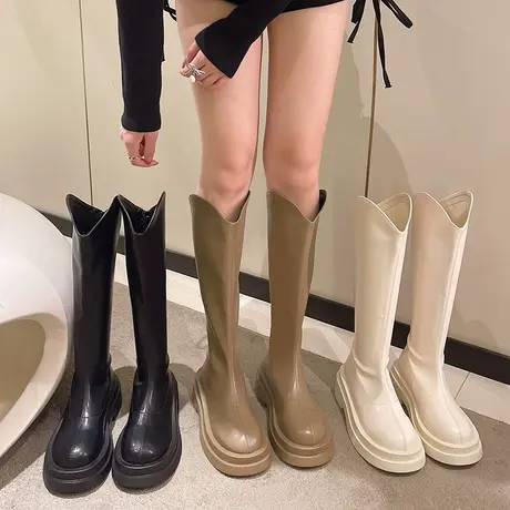 永希白色不过膝长筒靴女春秋新款V口高筒靴网红ins厚底粗跟骑士靴商品大图