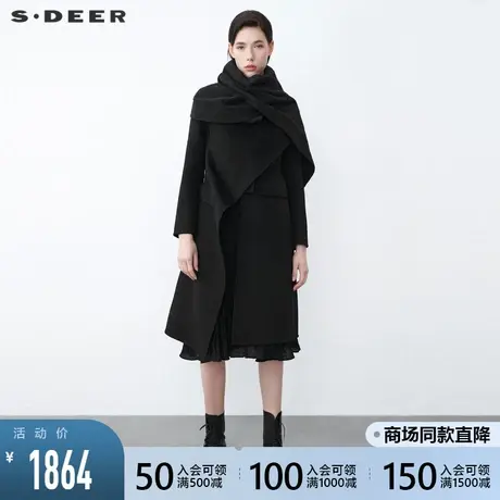sdeer圣迪奥2021冬新款围巾拼接不规则长款黑色毛呢大衣S21481857图片