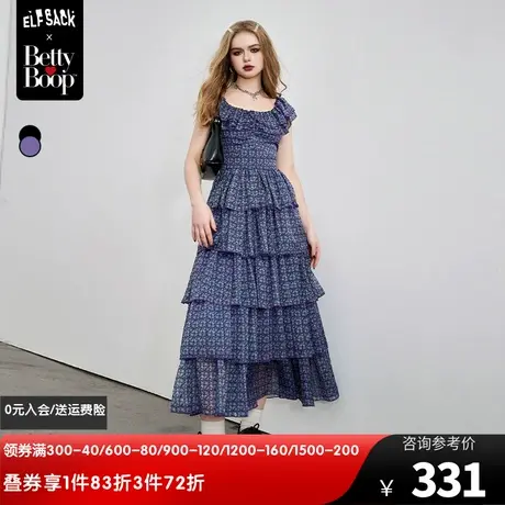 【贝蒂联名】妖精的口袋荷叶边碎花连衣裙女2024春新款收腰蛋糕裙图片
