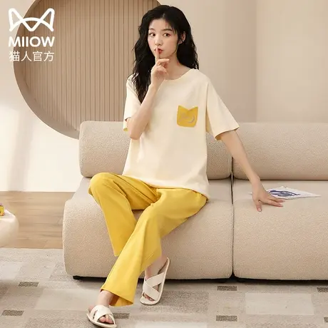 猫人睡衣女夏薄款纯棉短袖长裤短裤休闲家居服套装2023新款可外穿商品大图