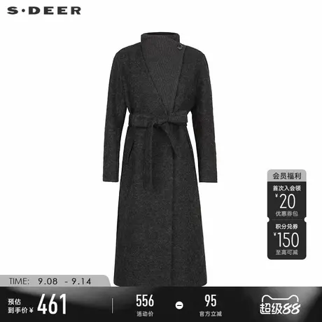 sdeer圣迪奥冬季女装立领拼接收腰毛呢长款大衣S234Z2516图片